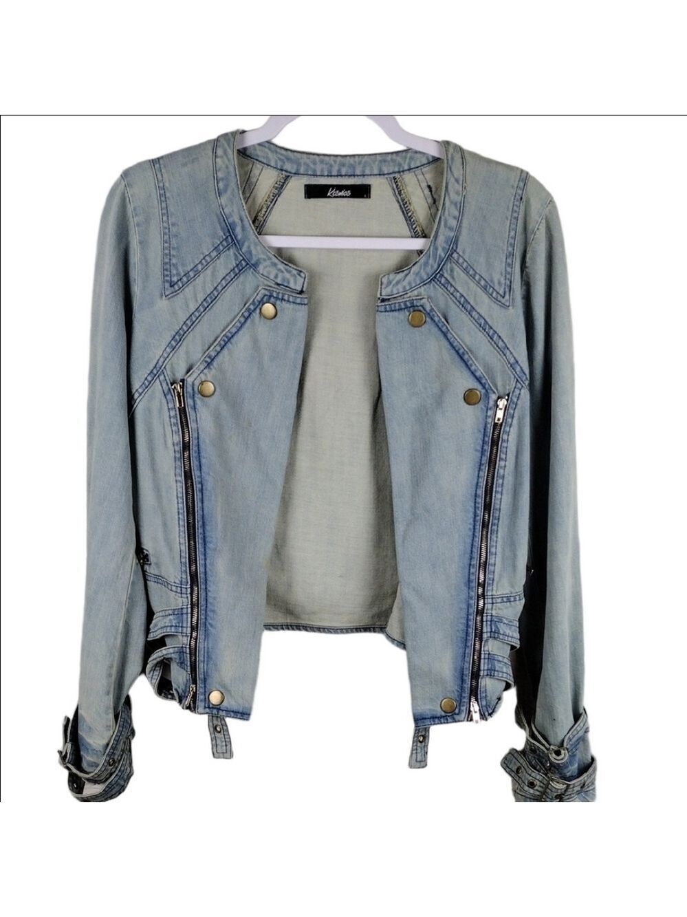 Kosmios Mebon Blue Light Wash Long  Sleeve Open Front Cropped Denim Jean Jacket